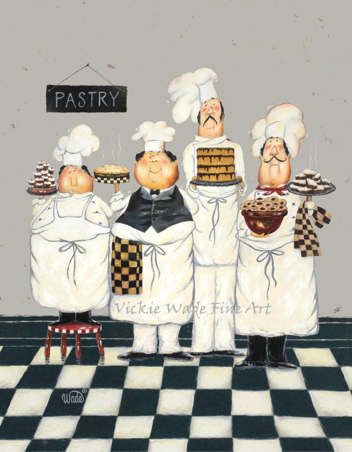 Four Tall Pastry Chefs Holding Cakes and Pies Kitchen Fun Poster