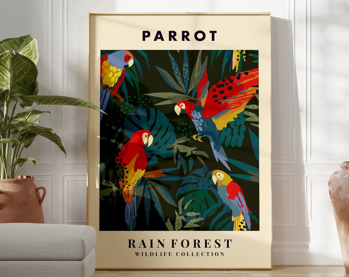 Parrot Rain Forest Art Print, Jungle Wall Art