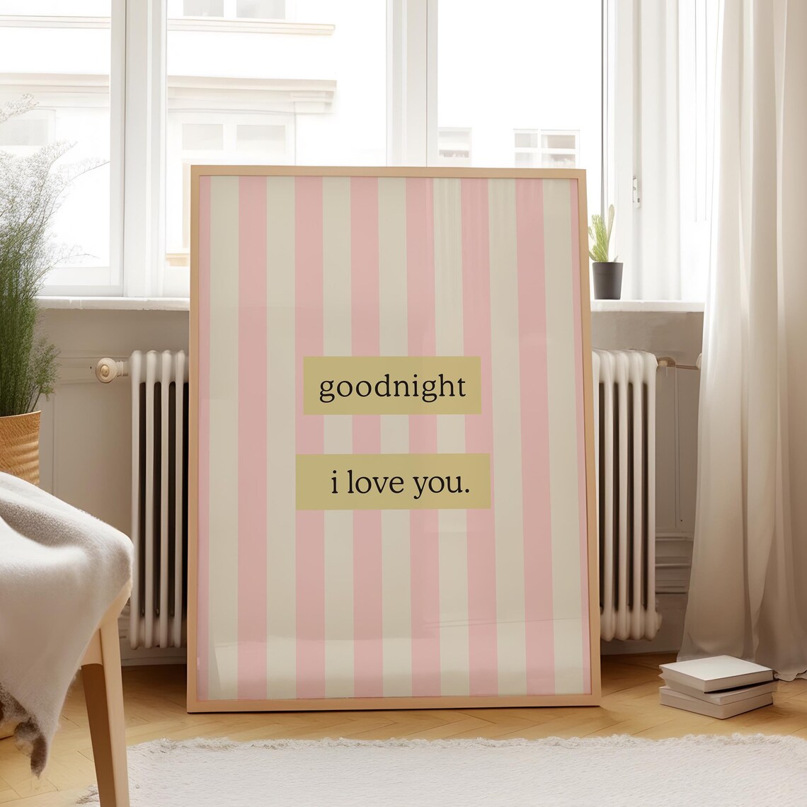 Goodnight I Love You Pink Striped Yellow Quote Nursery Wall Poster