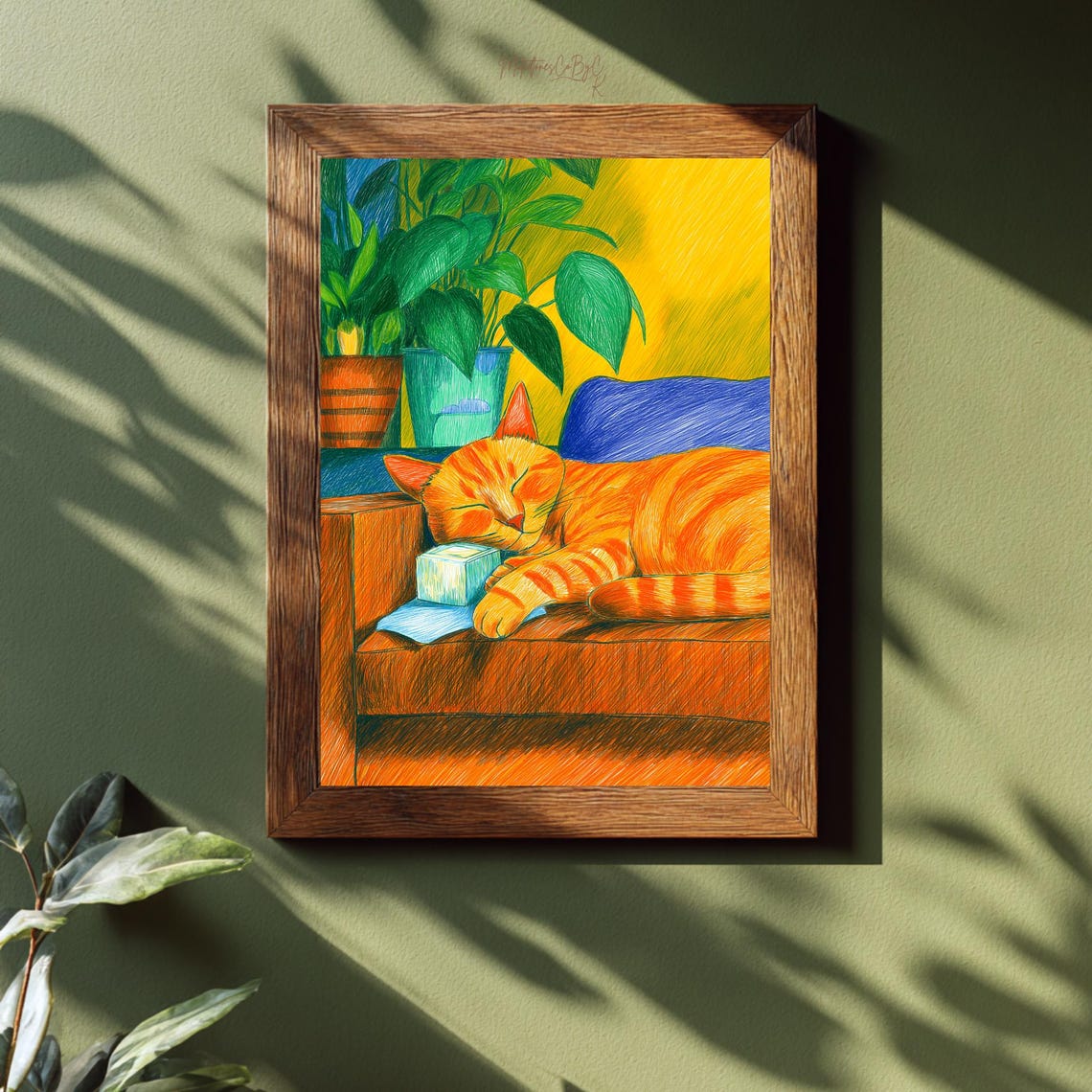 Sleeping Orange Tabby Cat Colorful Sketch Style Framed Poster