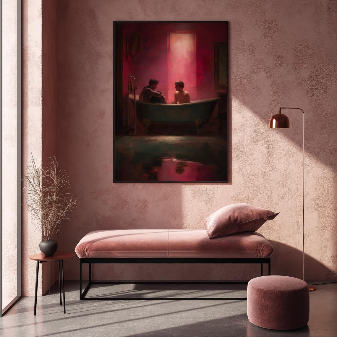 Romantic Queer Couple In Pink Bathroom Intimate Art Decor Poster