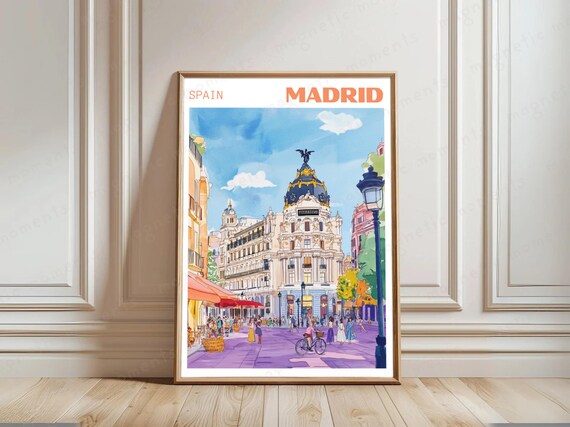 Madrid Travel Poster Handdrawn Illustration Print Spain Cityscape Art Vintage Wall European Decor