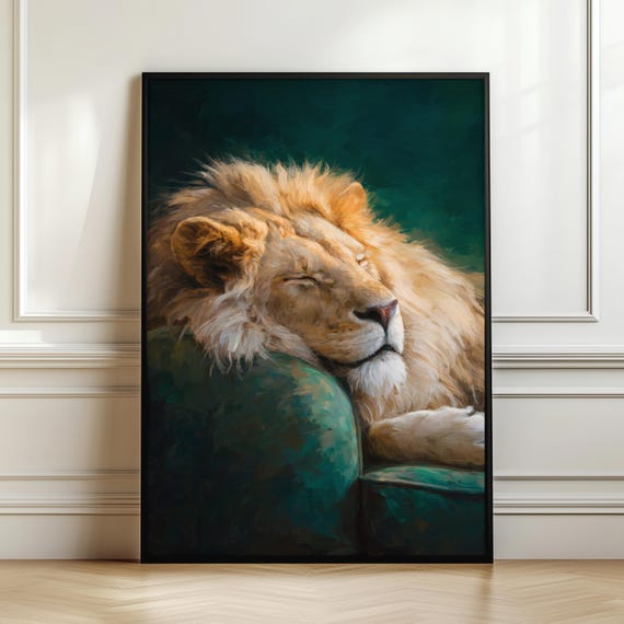 Peaceful Lion Wall Art Print Cozy Wildlife Oil Painting Elegant Animal Poster Warm Neutral Decor Luxury Nature Artwork Digital Download