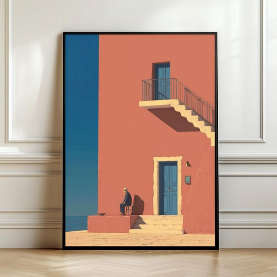 Minimalist Coastal Architecture Wall Art Terracotta House Print Blue Door Poster Modern Mediterranean Home Decor Digital Download