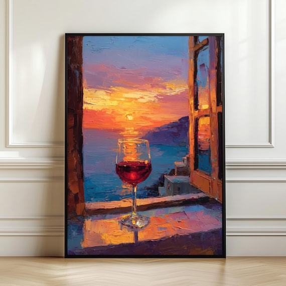 A Red Wine Glass Ocean Sunset Window Sill Impasto Art Poster