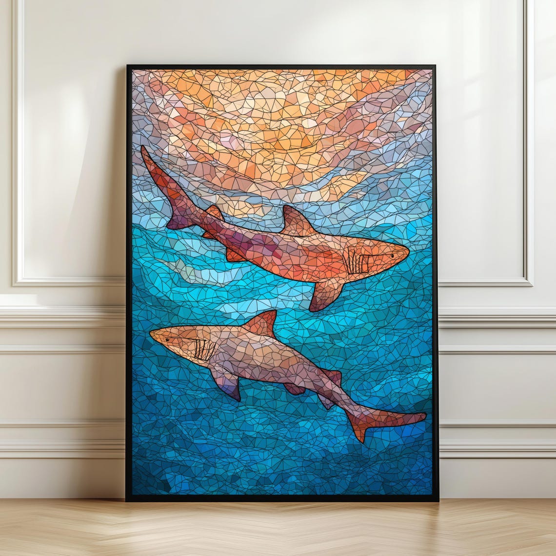 Mosaic Shark Pair Poster Colorful Stained Glass Ocean Animal Artwork