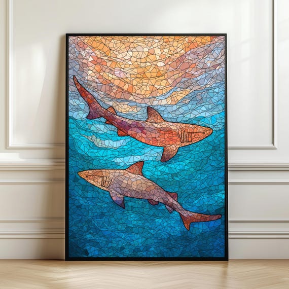 Colorful Shark Wall Art Print Mosaic Ocean Animal Poster Modern Marine Life Artwork Coastal Sea Decor Lover Gift Digital Download