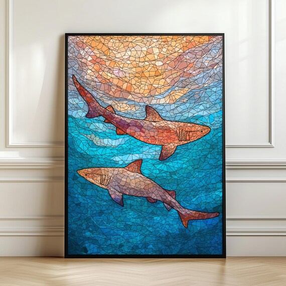 Mosaic Shark Pair Poster Colorful Stained Glass Ocean Animal Artwork