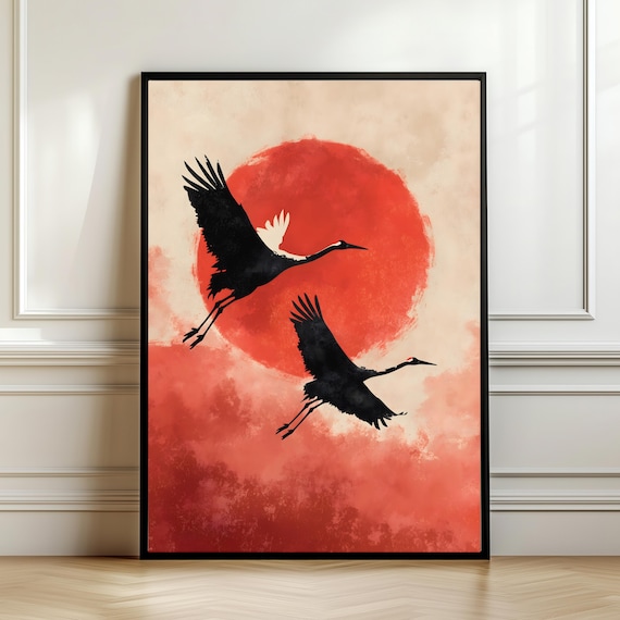 Japanese Crane Wall Art Red Sun Poster Minimalist Asian Print Traditional Japan Decor Zen Bird Artwork Wabi Sabi Styledigital Download