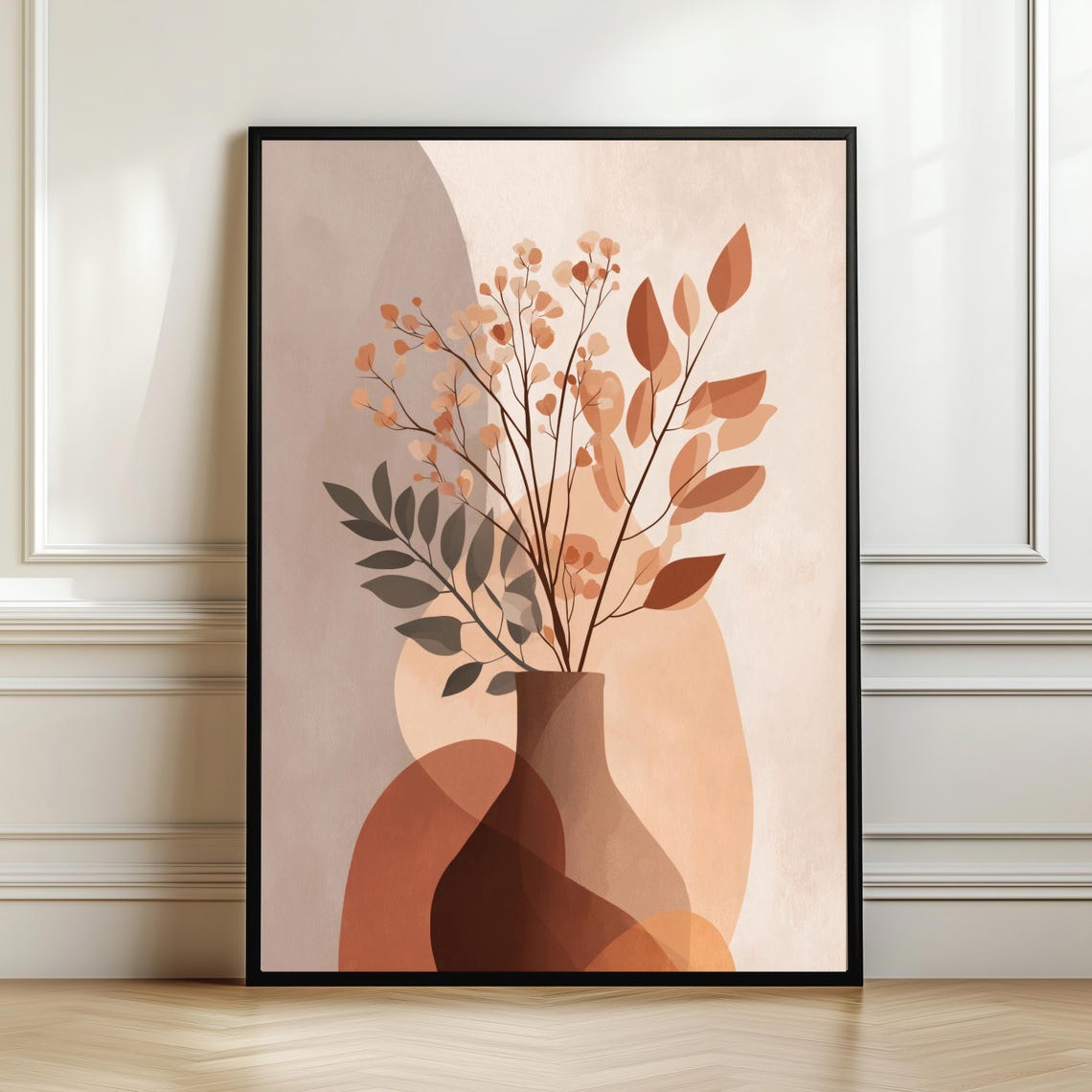 Modern Minimal Boho Vase with Earth Tone Botanical Leaves Print
