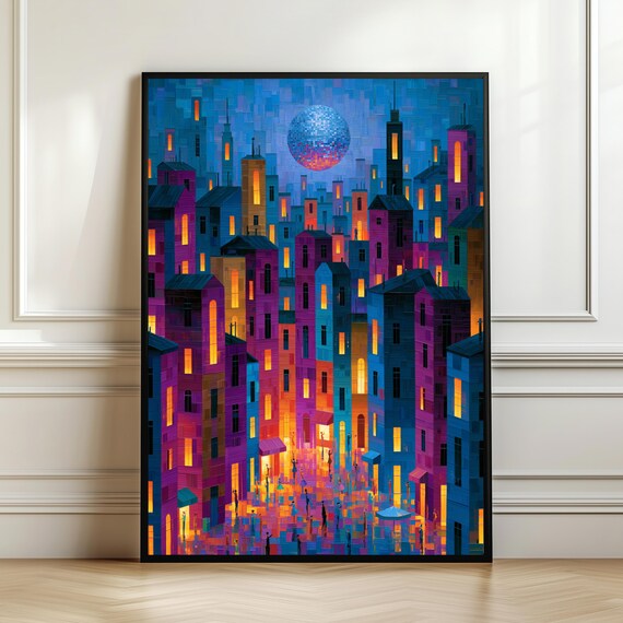 Disco Moon City Wall Art Retro Futuristic Cityscape Print Neon Urban Poster Surreal Night Decor Lover Gift Digital Download