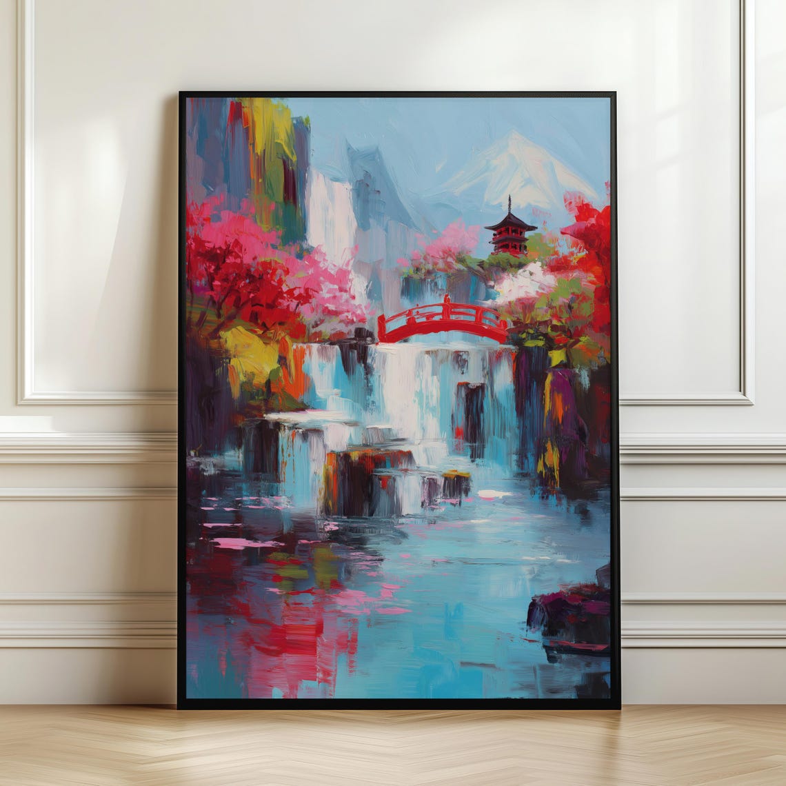 Mount Fuji Waterfall Red Pagoda Abstract Japanese Landscape Print