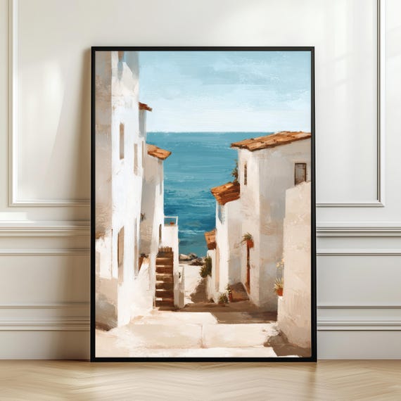 Mediterranean Alley Wall Art White Coastal Houses Sea View Poster Island Village Print Minimal Summer Home Decor Gift Digital Download