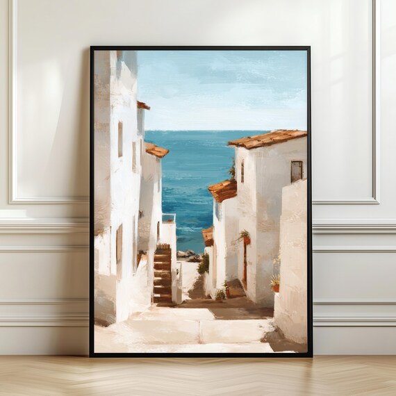 White Mediterranean Alley Leading to the Sea Painting Poster
