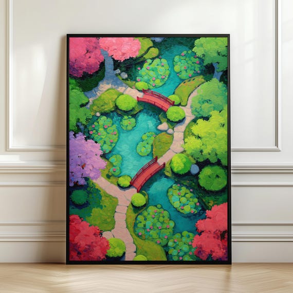 Colorful Japanese Garden Wall Art Landscape Print Red Bridge Poster Impressionist Nature Artwork Vibrant Japandi Decor Digital Download
