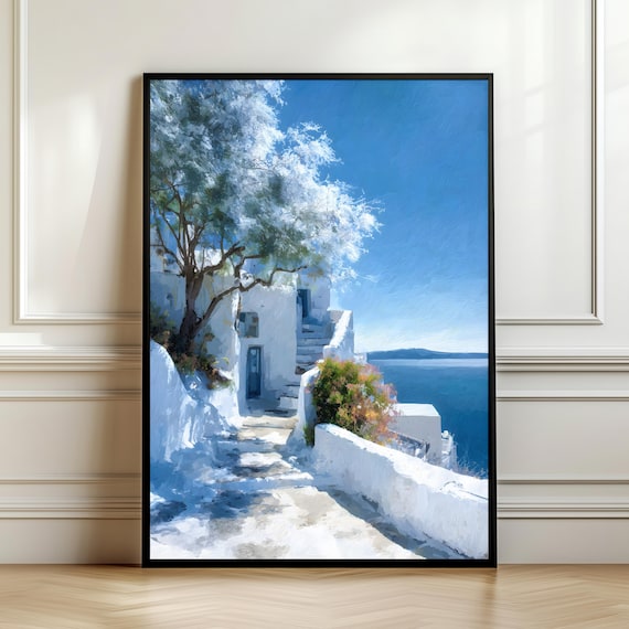 Whitewashed Greek Alley With Olive Tree Sea View Oil Painting Poster