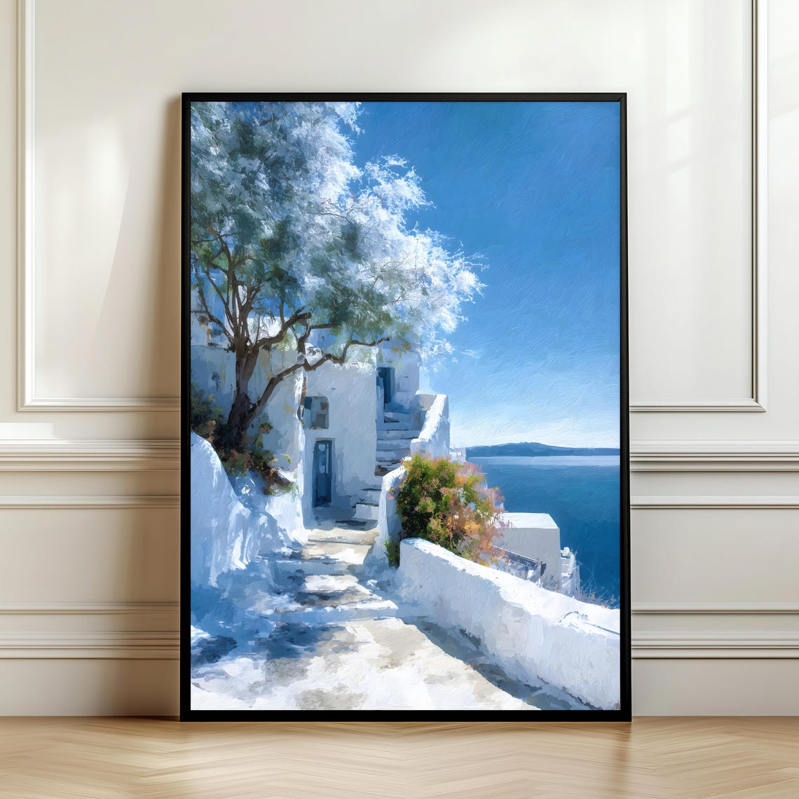 Whitewashed Greek Alley With Olive Tree Sea View Oil Painting Poster