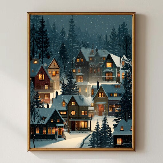 Christmas Village Wall Art Snowy Winter Town Illustration Holiday Home Decor Print Warm Lights Cottage Landscape Digital Download