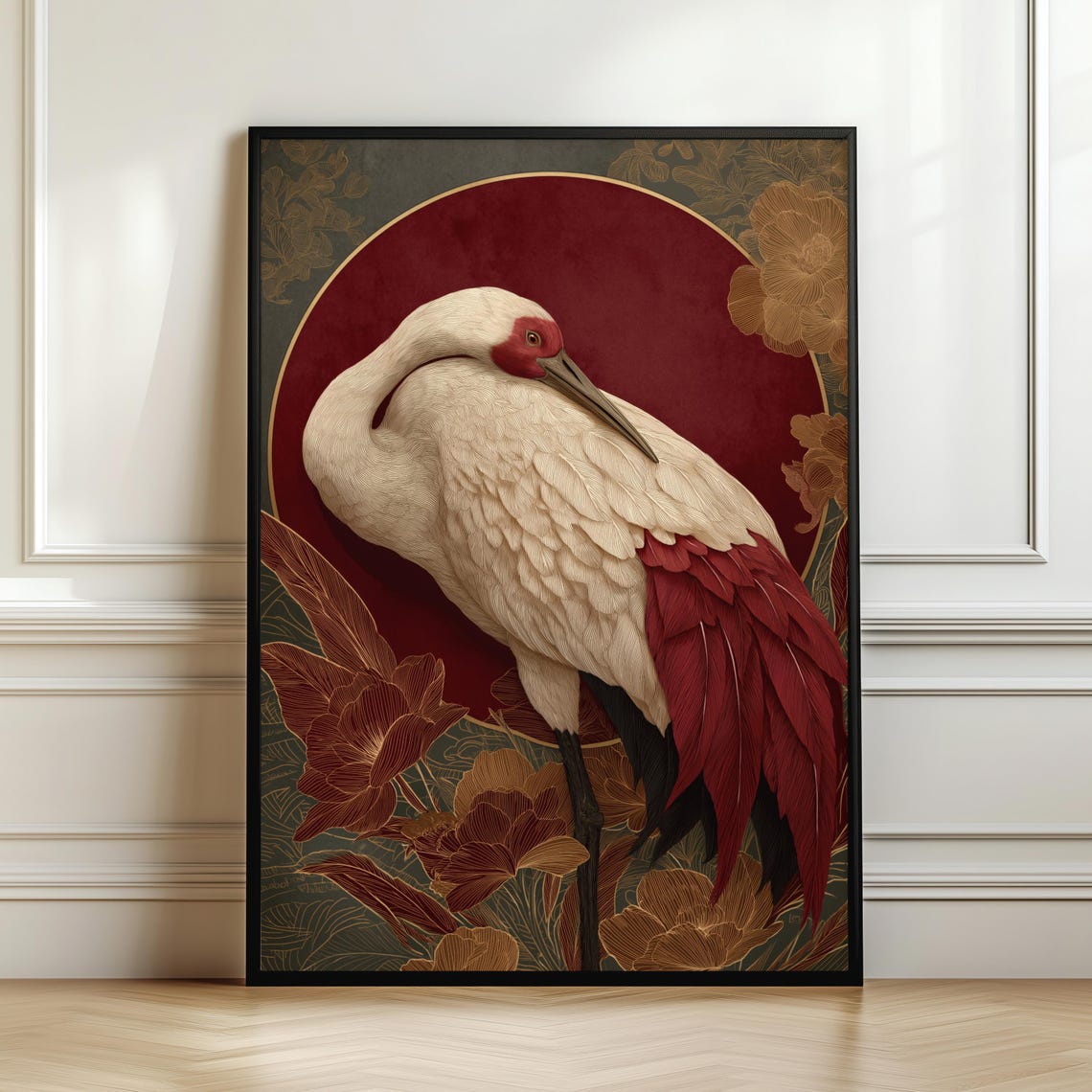 Japanese Red Sun Crane Oriental Bird Elegant Wall Decor Poster