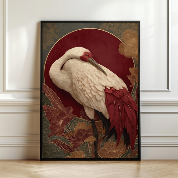 Japanese Sun Crane Wall Art Red Moon Oriental Poster Japandi Bird Decor Luxury Asian Nature Print Elegant Zen Artwork Digital Download
