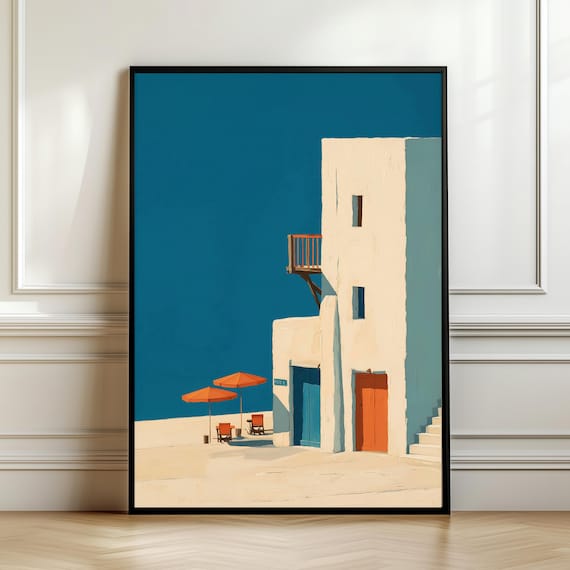 Minimal Mediterranean House Poster Blue White Coastal Summer Villa Art
