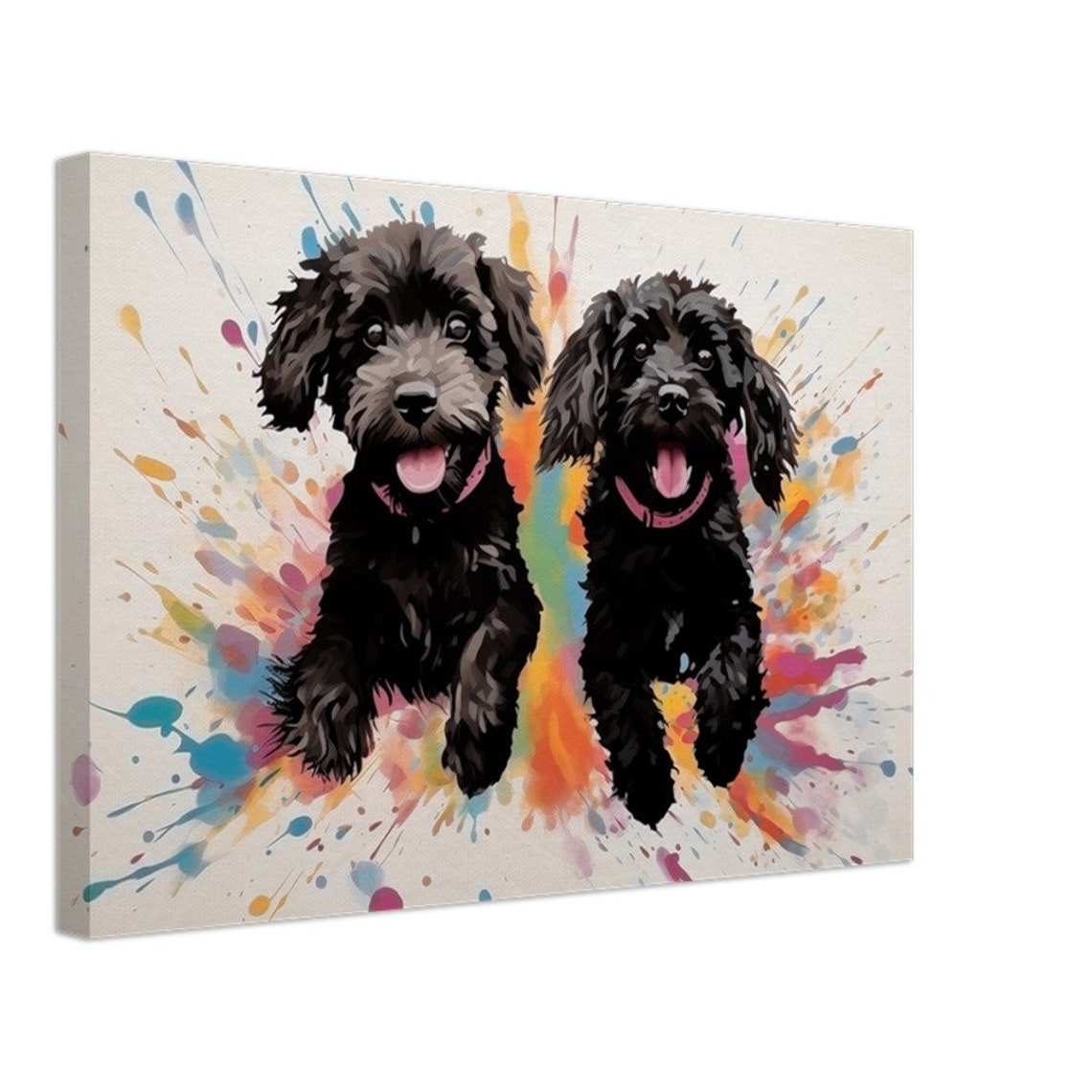 Two Black Doodle Puppies Running Colorful Watercolor Splash Art Poster