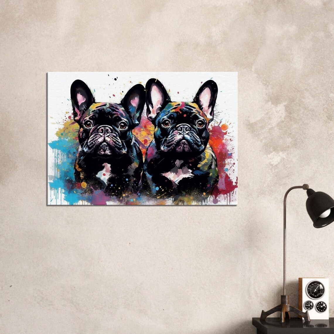 Two Black French Bulldogs Colorful Watercolor Splash Art Poster - Image 2
