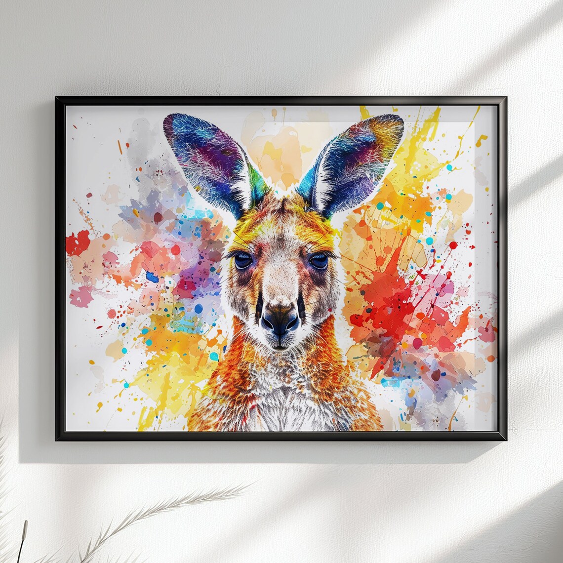 Vibrant Kangaroo Square Art Blue Ears Watercolor Splash Poster