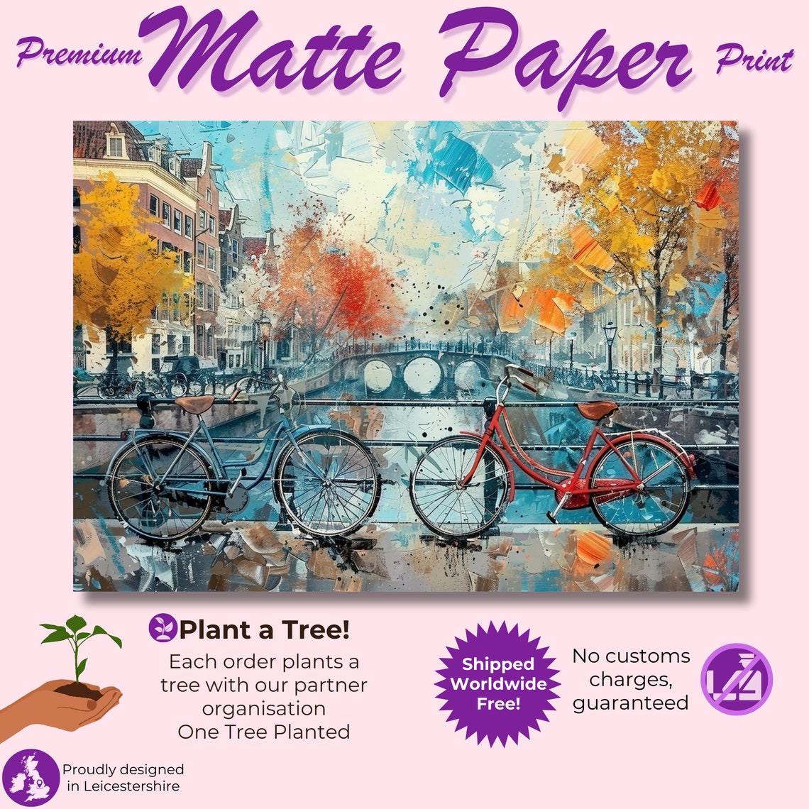 Amsterdam Canal Bridge Bicycles Fall Colors Cityscape Art Poster - Image 3
