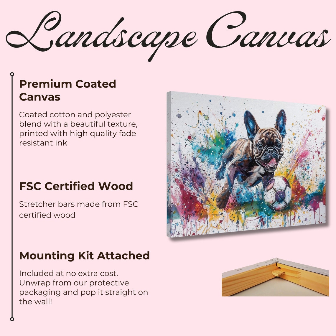 Paint Splash French Bulldog Playing Football Soccer On Canvas Frenchie Mom Dad Sports Lover Room Decor Gift Watercolour Wall Art Print - Image 2