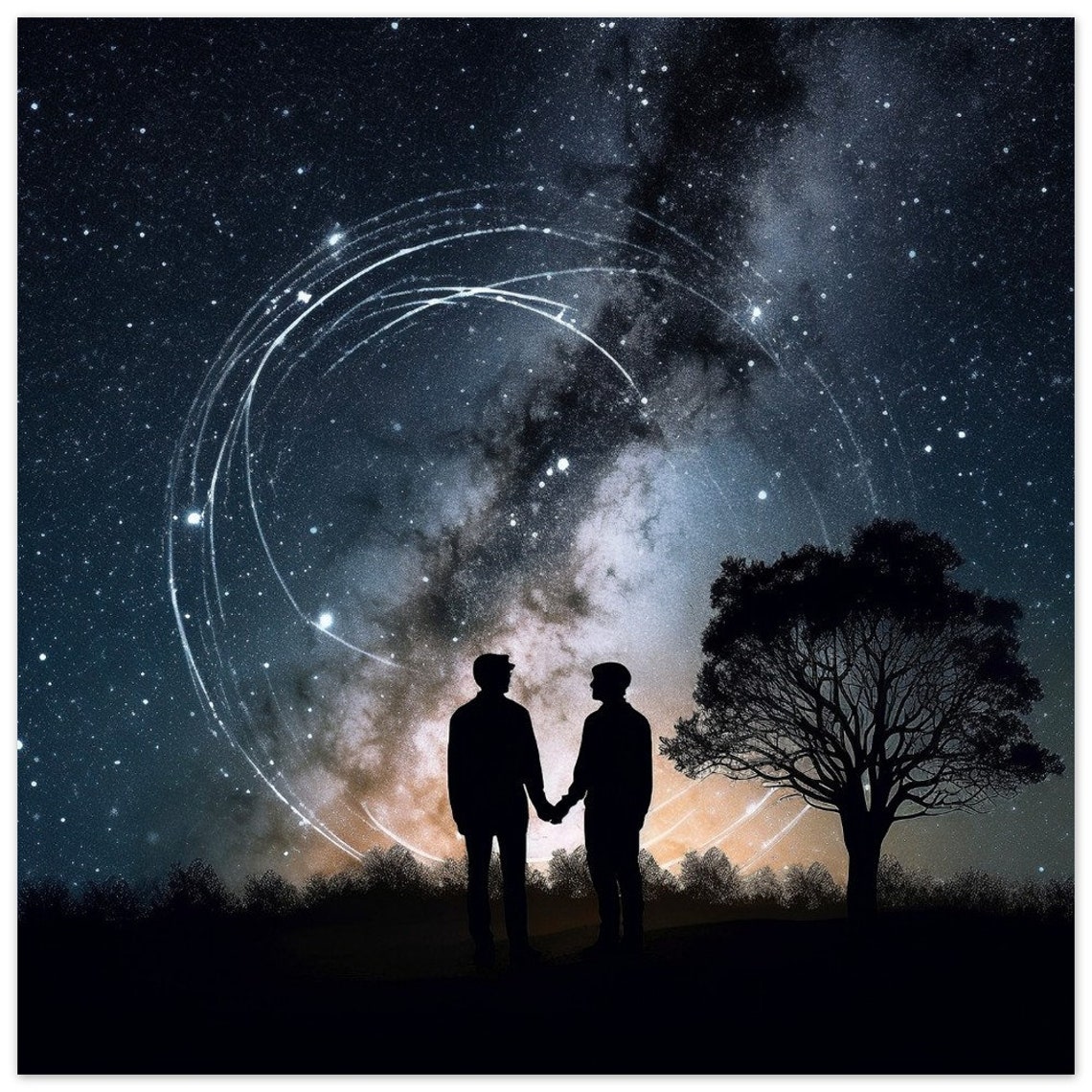 Two Men Holding Hands Silhouette Milky Way Night LGBTQ Love Poster