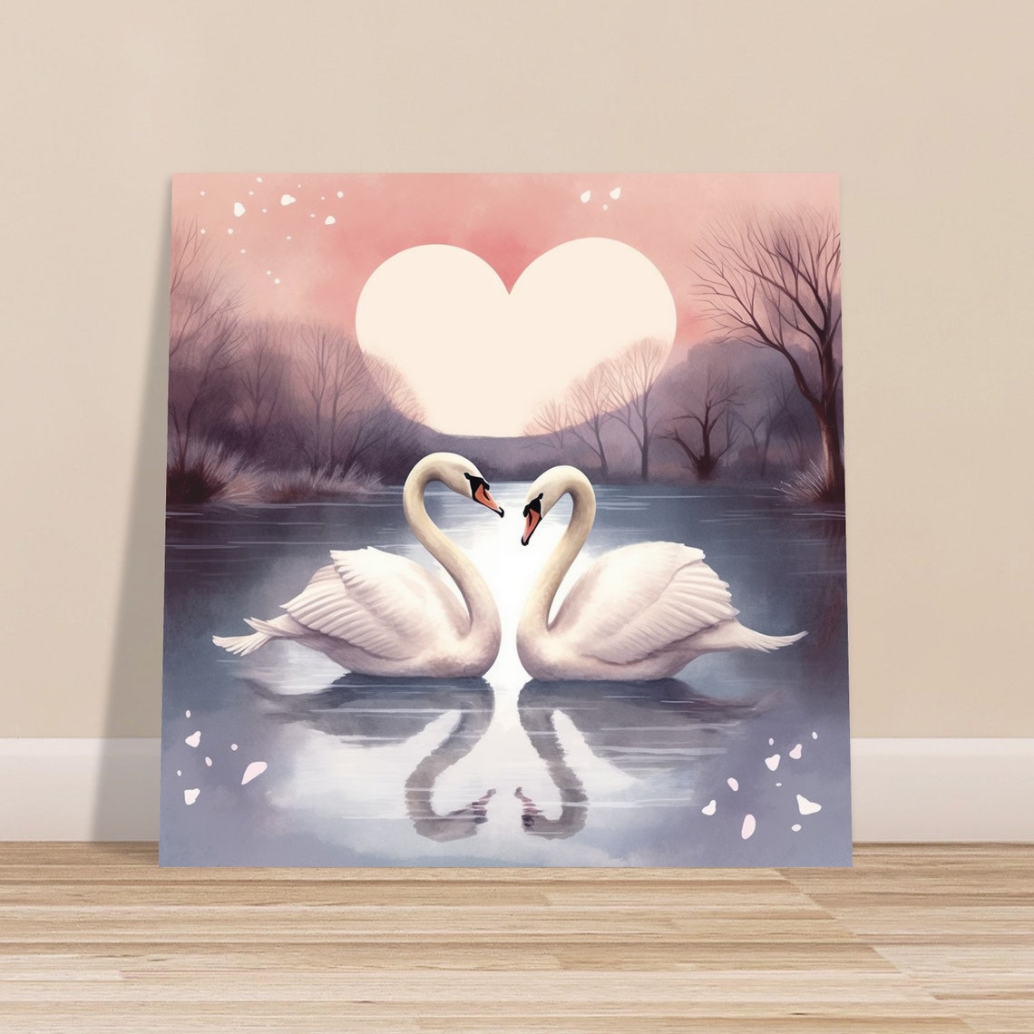 Two Swans on Lake Heart Moon Romantic Sunset Love Birds Art Poster
