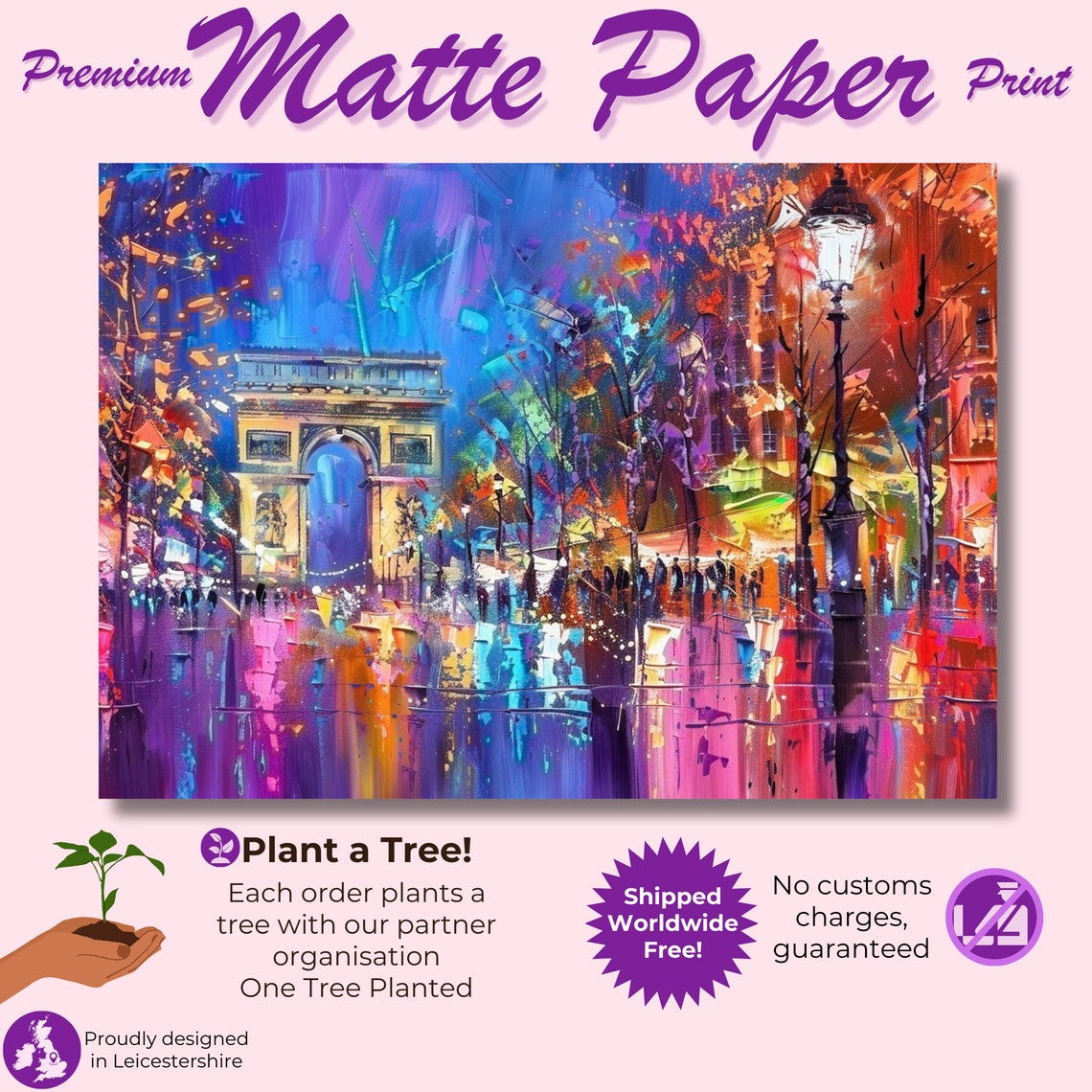 Rainy Night Arc de Triomphe Paris Purple Glow Street Art Poster - Image 3
