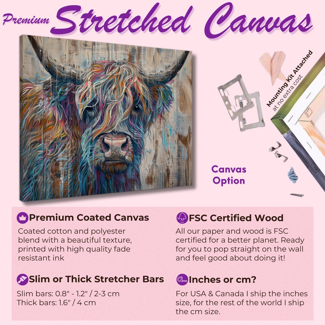 Highland Cow Pastel Rainbow Hair Distressed Wood Colourful Art Poster - Image 2