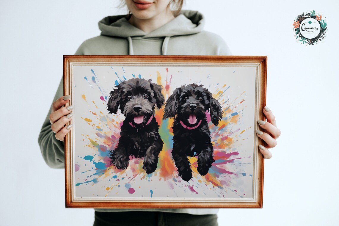 Pair Of Joyful Black Doodle Puppies In Rainbow Paint Splash Art Poster - Image 3