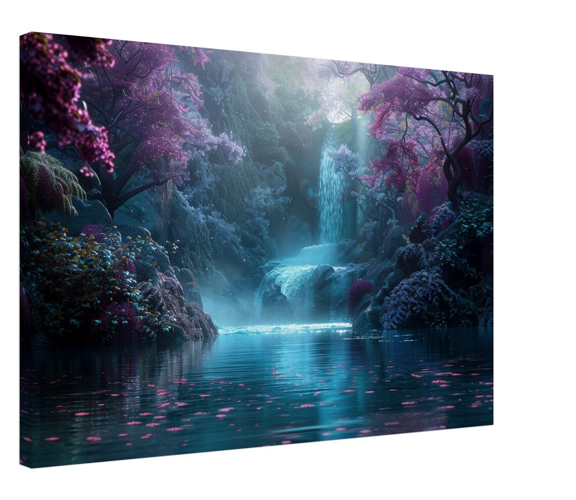 Enchanted Forest Waterfall Pink Blossom Misty Magical Landscape Art Poster
