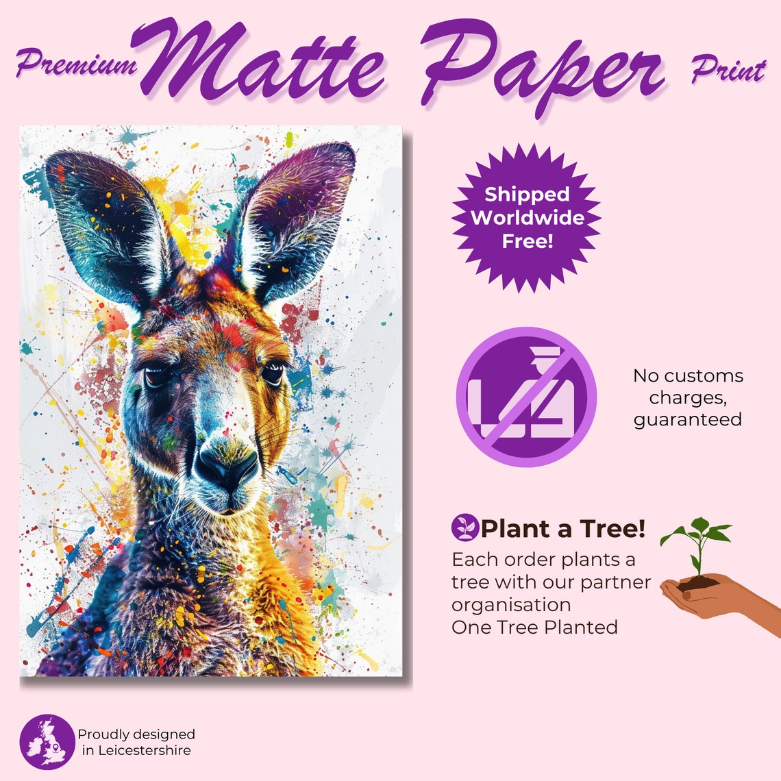 Prismatic Kangaroo Face Close Up Watercolor Splash Art Poster - Image 3