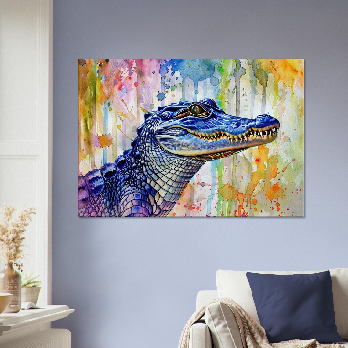 Blue Crocodile Watercolour Portrait Rainbow Drip Reptile Animal Art Poster - Image 3