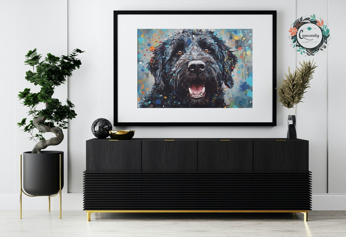 Grinning Black Doodle Dog Portrait With Rainbow Splatter Art Poster - Image 3