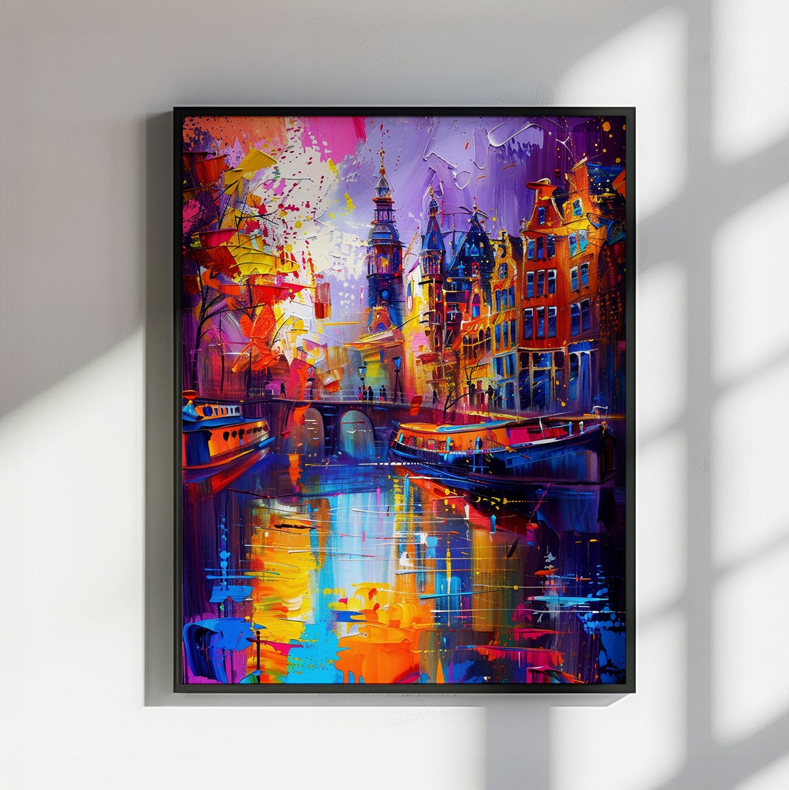 Amsterdam Canal Night Reflections Boats Impressionist Cityscape Poster