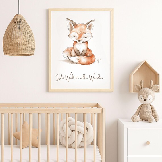 Fox Poster Childrens Room Wall Decoration Watercolor Illustration Scandinavian Gift Birth Baptism Baby Picture Animal
