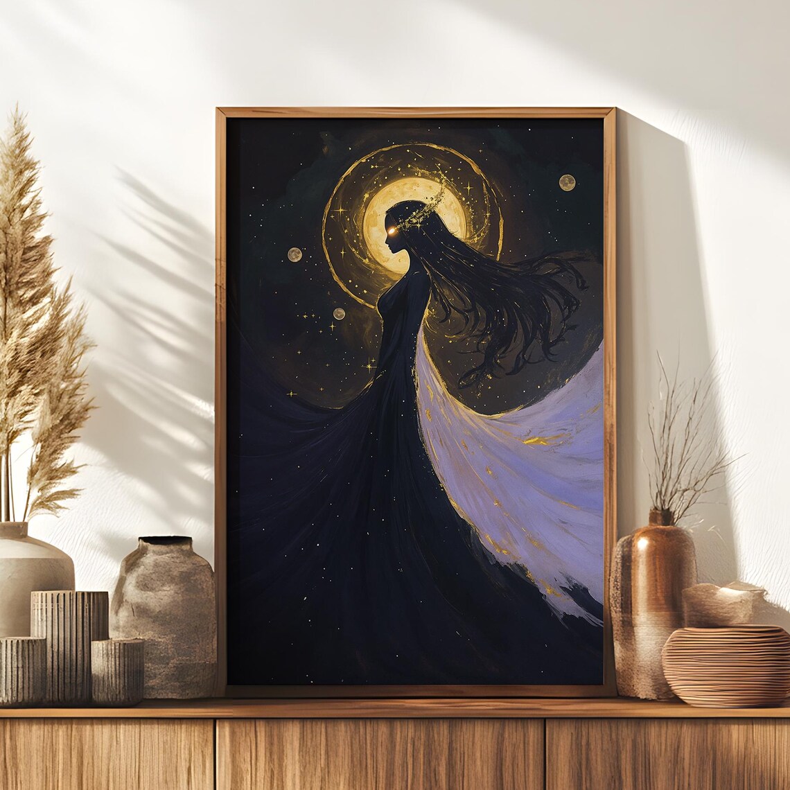 Celestial Golden Moon Halo Woman Starry Night Fantasy Art Poster