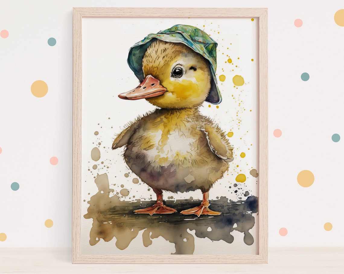 Watercolor Duckling Sunhat Puddle Cute Nursery Animal Art Poster