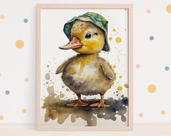 Nursery Wall Art Cute Duckling Print Watercolour Painting Duck In A Hat Boho Gift For A New Mum Kids Babies Bedroom Decor Baby Room Artwork