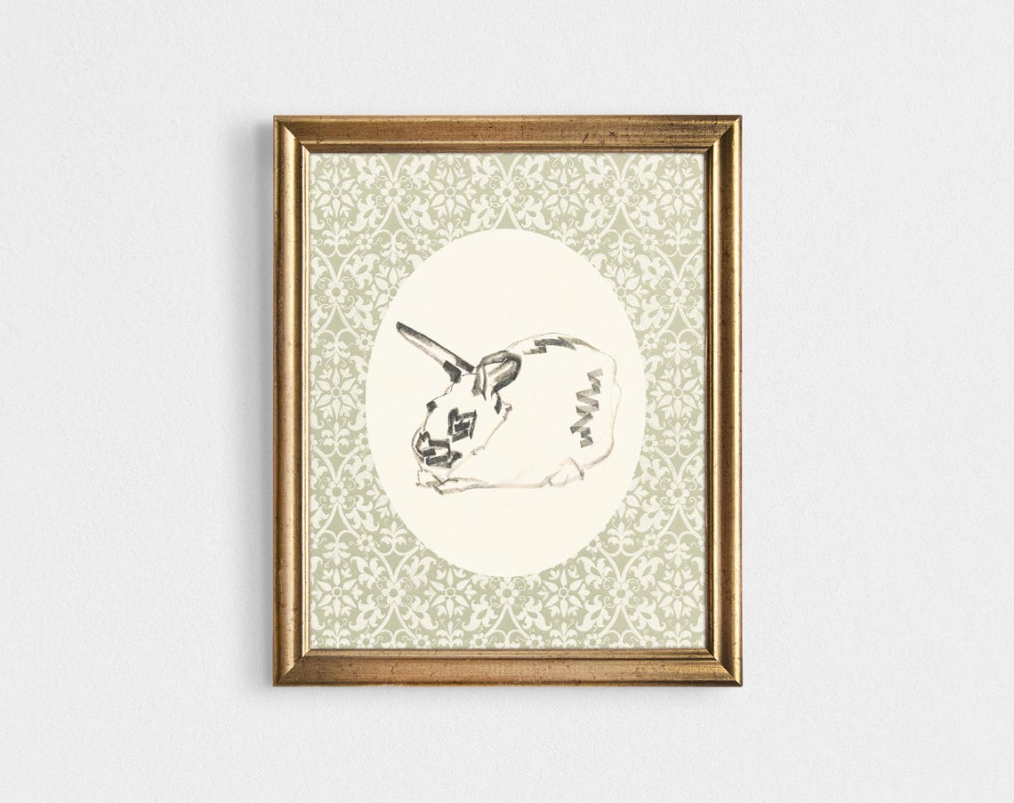Cute Rabbit Sketch Oval Medallion Sage Green Damask Wall Art - Image 3