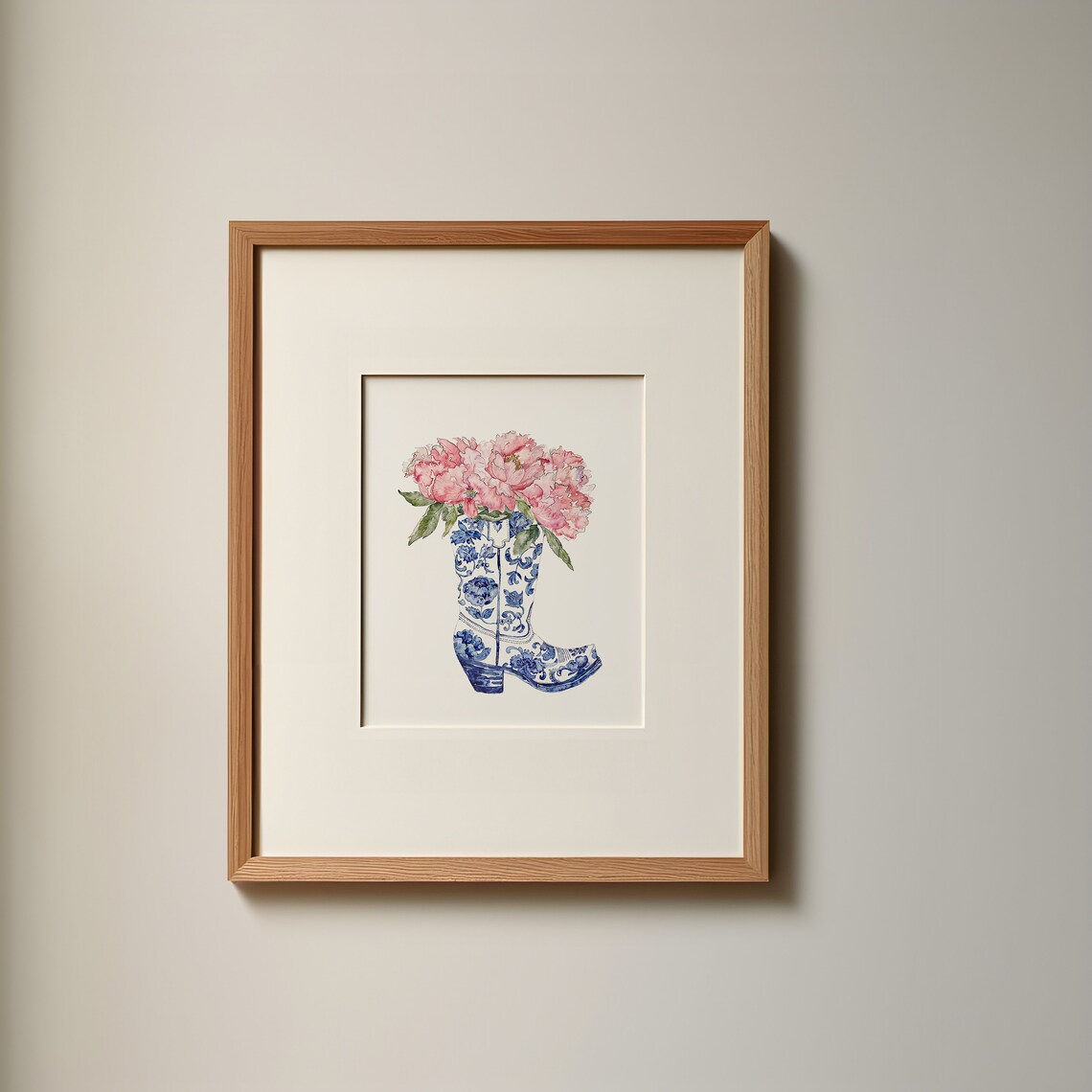 Coastal Cowgirl Blue Floral Cowboy Boot Pink Peony Art Poster - Image 2