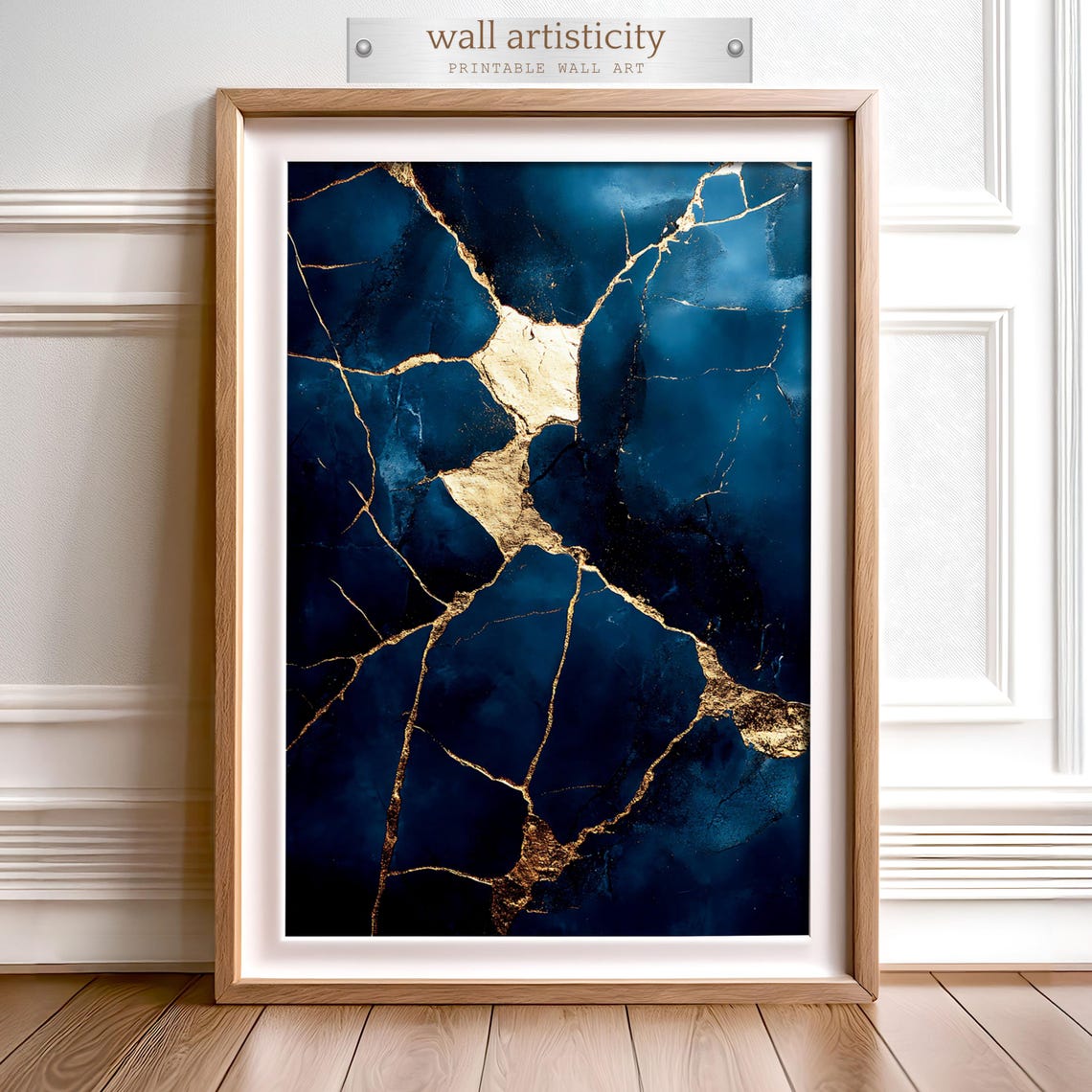 Kintsugi Art Print, Golden Crackle On Blue Marble