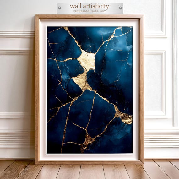 Kintsugi Art Print, Golden Crackle On Blue Marble