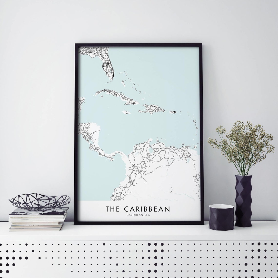 The Caribbean Sea Minimal Map Street Line Black White Art Poster
