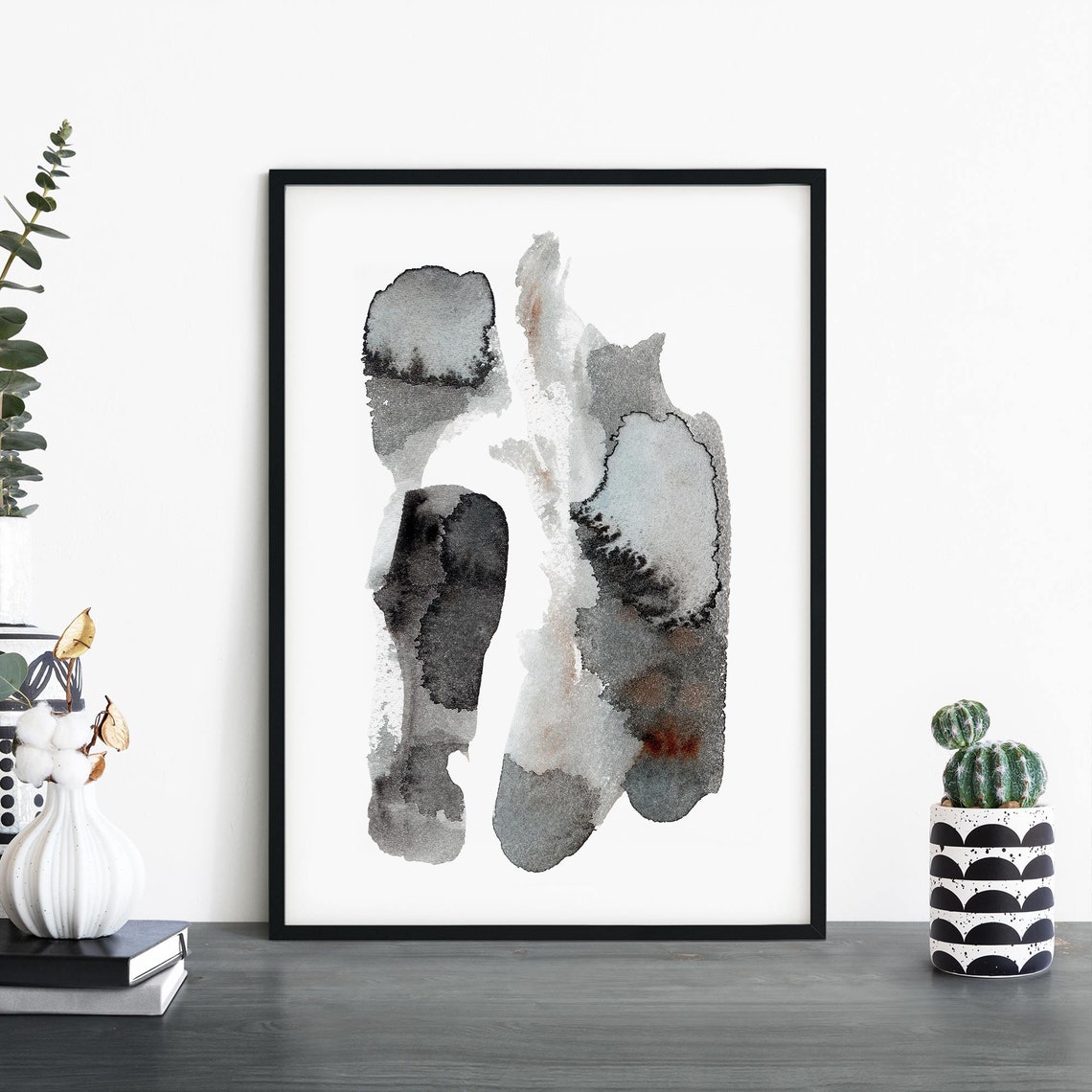 Grey Black Abstract Watercolor Brush Strokes Modern Art Print